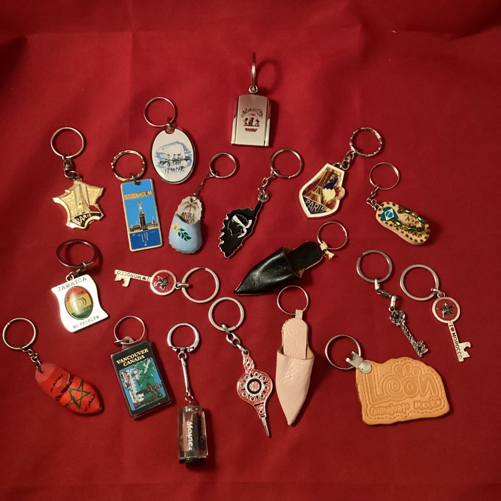 Various travel souvenir keychains